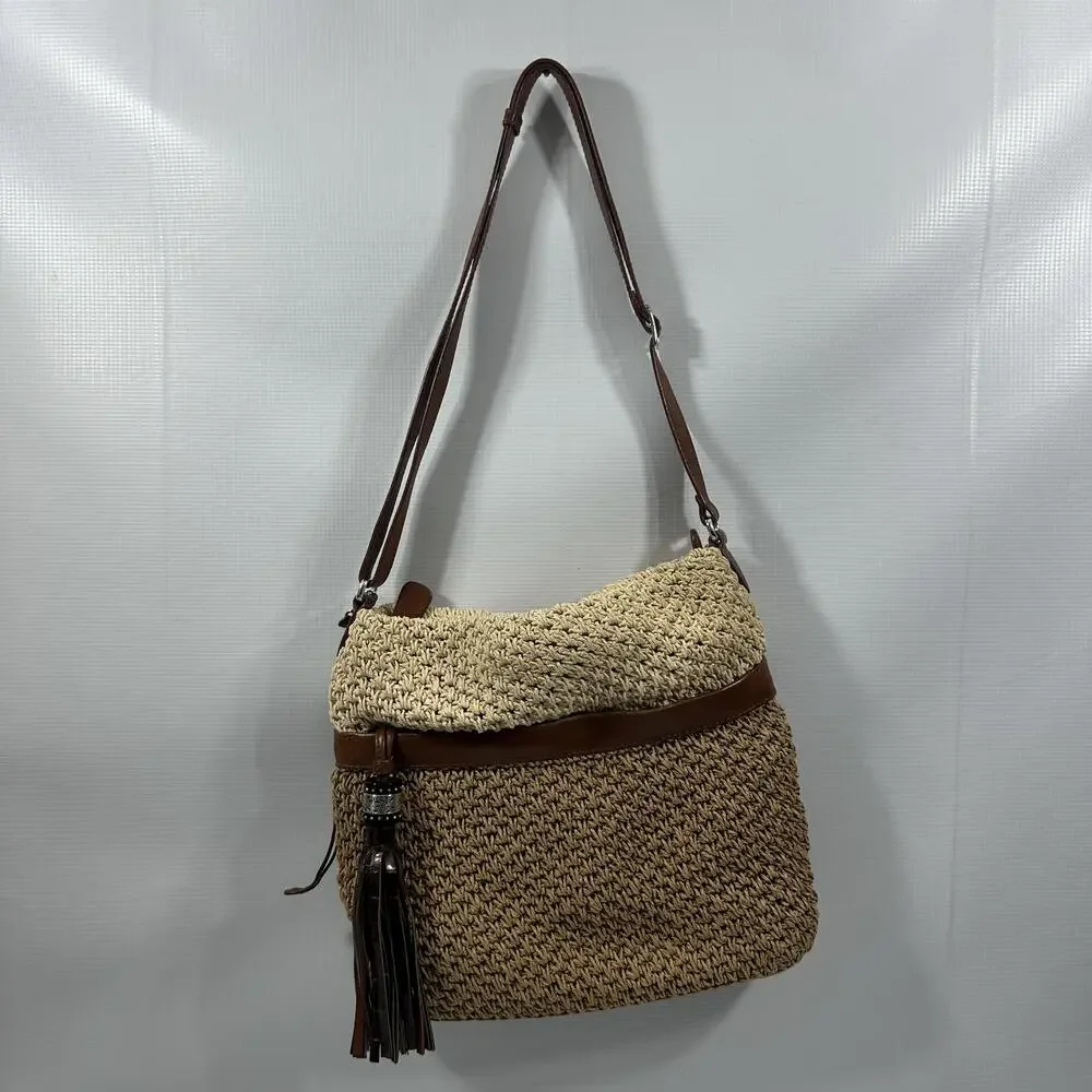 Brighton Hobo Bag Womens Medium Brown Straw Leather Tassel Boho Shoulder Purse